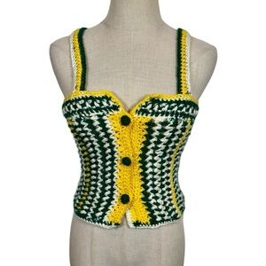 Vintage Handmade Granny Crochet Knit Button Corset Style Bustier Tank Top Vest